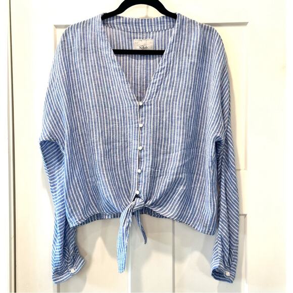 RAILS Sloane Linen Blue Azure Stripe Front Tie Top Shirt Size Large - Picture 3 of 9